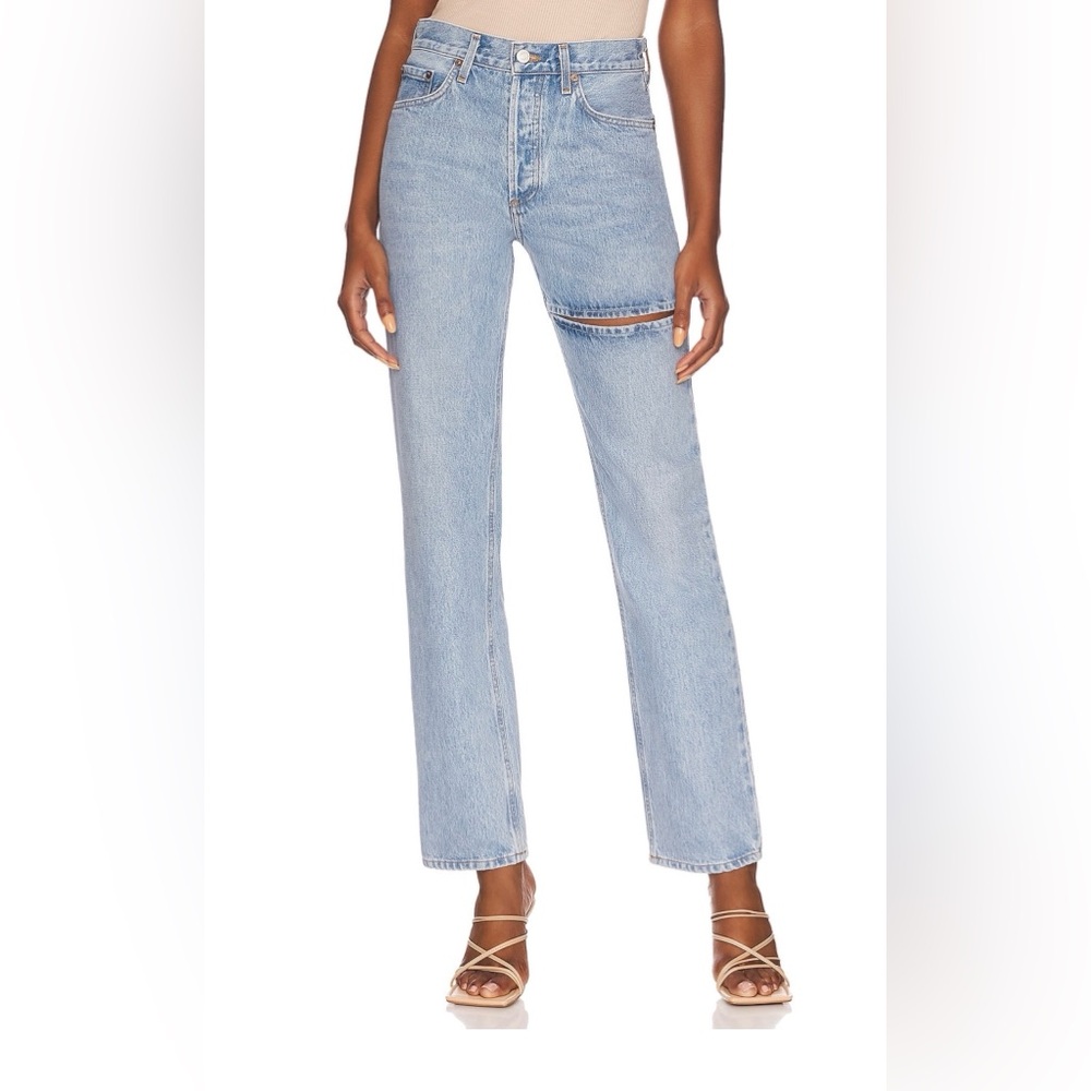 Agolde Light Wash Straight Leg Jeans with Knee Cutout